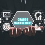 Change management in organization and business concept, Businessman hand holding change management icon on virtual screen background, plan, implementation, communication.
